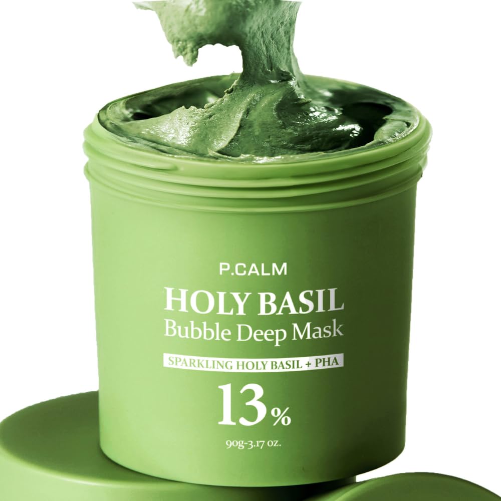 P.CALM Holy Basil Bubble Deep Mask (original)| قناع الفقاعات العميق بالريحان المقدس من بي.كالم – لتنظيف المسام والرؤوس السوداء، بطين كوري وغسيل فقاعي (90 جم / 3.17 أونصة)