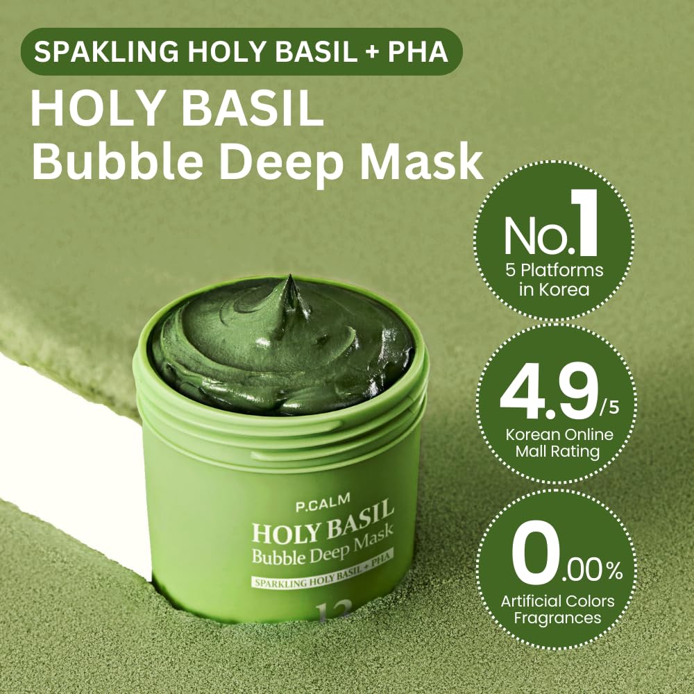 P.CALM Holy Basil Bubble Deep Mask (original)| قناع الفقاعات العميق بالريحان المقدس من بي.كالم – لتنظيف المسام والرؤوس السوداء، بطين كوري وغسيل فقاعي (90 جم / 3.17 أونصة)